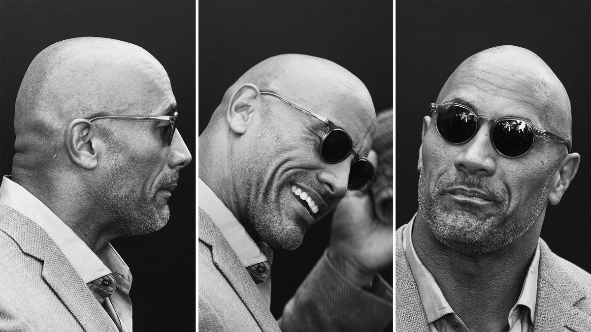 Dwayne Johnson side profile, and making two different faces.