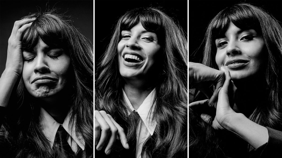 Jameela Jamil making three different faces.