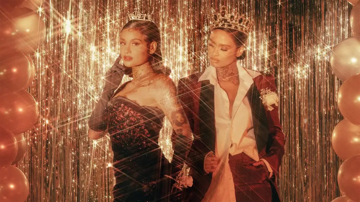 Two versions of Kehlani during prom night with a glittery gold background.