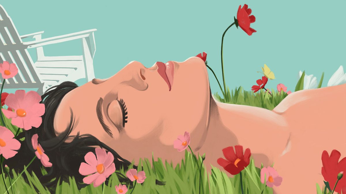 An illustration of a woman laying on the grass.