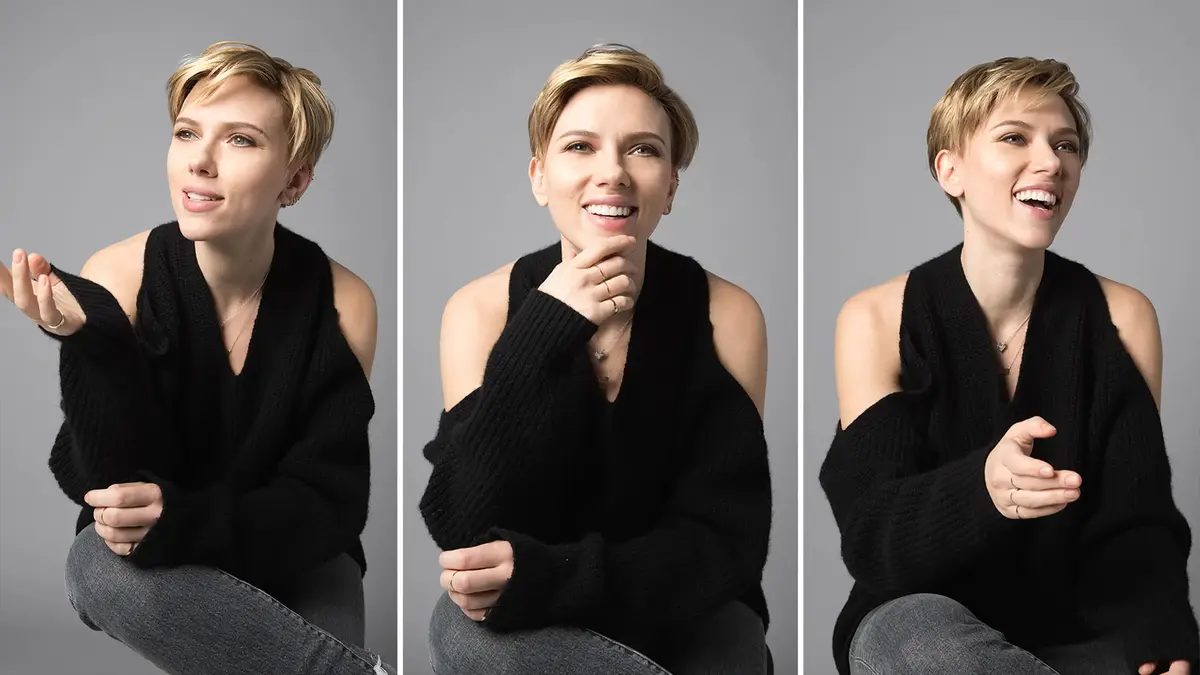 Scarlett Johansson with short hair makes three faces.