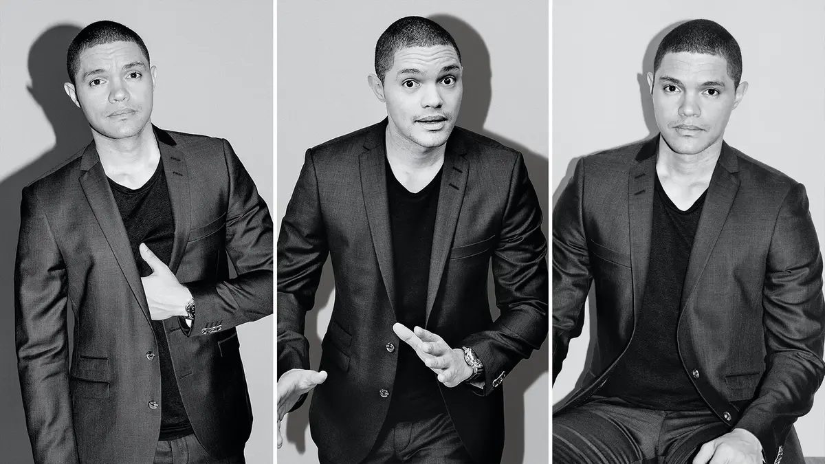 Trevor Noah making three different poses.