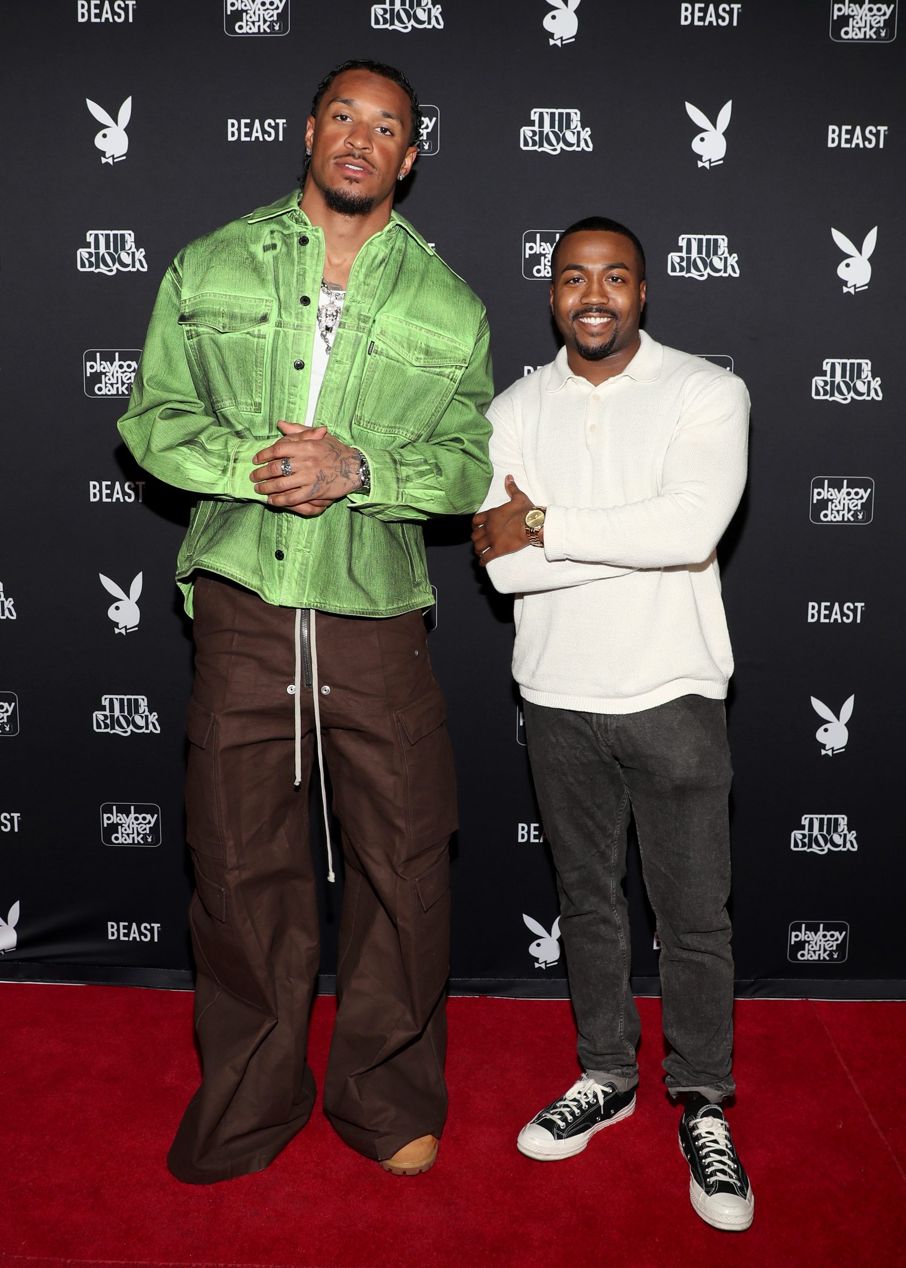 Grant Delpit and Vic Rounds attend PLAYBOY Big Game Party on February 08, 2025 in New Orleans, Louisiana. 